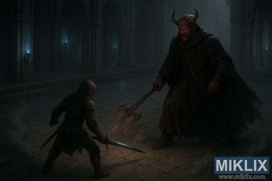 Realistisk mørk fantasiscene i en katedral der de anløpte møter Mohg the Omen, som svinger en brennende trekant. Realistisk mørk fantasiscene i en katedral der de anløpte møter Mohg the Omen, som svinger en brennende trekant.