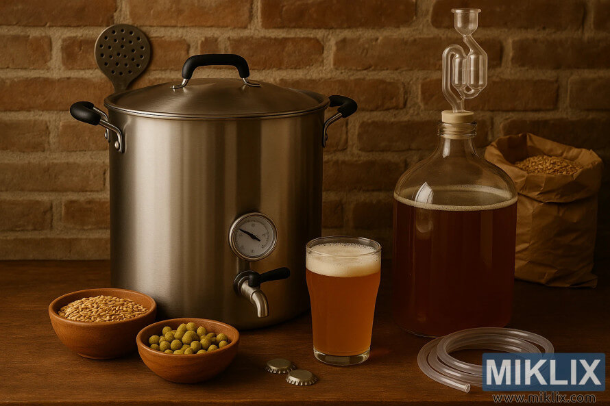 Rustic home brewing setup with kettle, fermenter of amber beer, malt, hops, and a freshly poured pint on a wooden table. Rustic home brewing setup with kettle, fermenter of amber beer, malt, hops, and a freshly poured pint on a wooden table.