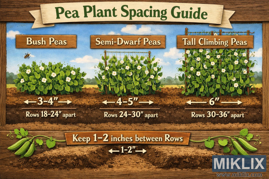 Illustrated diagram showing proper spacing for bush peas, semi-dwarf peas, and tall climbing peas with measurements and row distances. Illustrated diagram showing proper spacing for bush peas, semi-dwarf peas, and tall climbing peas with measurements and row distances.