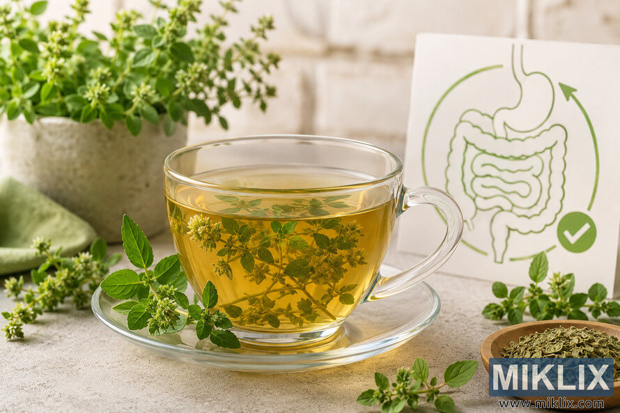 A warm herbal marjoram tea served in a transparent glass cup on a matching saucer, surrounded by fresh marjoram sprigs and dried herbs on a light stone surface, with a subtle digestive wellness illustration in the background. A warm herbal marjoram tea served in a transparent glass cup on a matching saucer, surrounded by fresh marjoram sprigs and dried herbs on a light stone surface, with a subtle digestive wellness illustration in the background.
