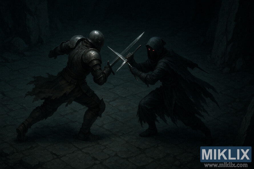 Een duistere fantasyscÃ¨ne met een verdorven wezen dat met twee dolken strijdt, een Zwarte Messenmoordenaar in een schaduwrijke grot.