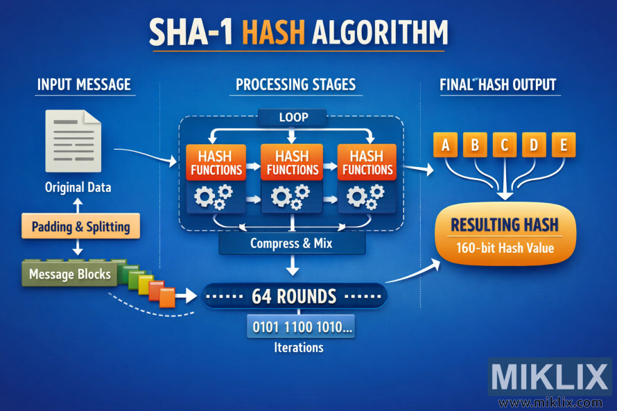 Infographie paysage montrant comment l’algorithme de hachage SHA-1 traite les données d’entrée par remplissage, traitement de blocs, fonctions de hachage répétées, et produit une sortie de hachage de 160 bits.