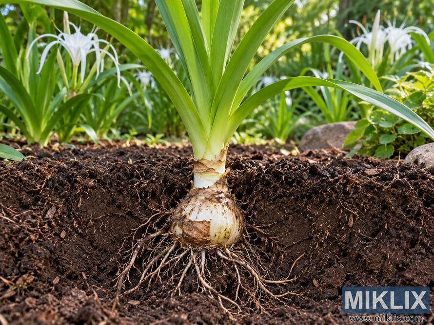 Cutaway garden view of a Hymenocallis bulb planted with most of the bulb below the soil and the neck slightly exposed, showing roots and green leaves.