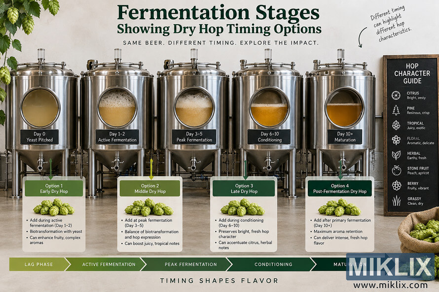 Landscape brewery infographic showing five stainless-steel fermentation tanks from yeast pitching through maturation, with early, middle, late, and post-fermentation dry hop timing options, a fermentation timeline, fresh hop cones, and a hop character guide. Landscape brewery infographic showing five stainless-steel fermentation tanks from yeast pitching through maturation, with early, middle, late, and post-fermentation dry hop timing options, a fermentation timeline, fresh hop cones, and a hop character guide.