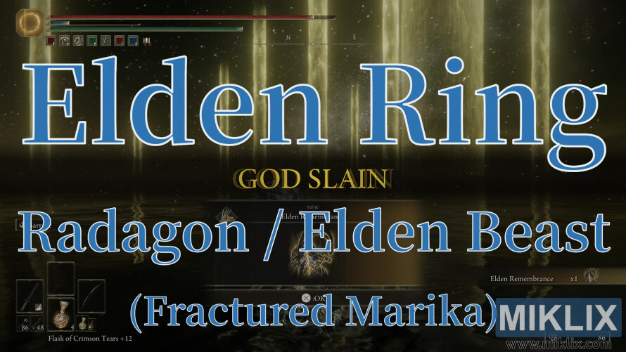 Elden Ring screenshot showing victory over Radagon and the Elden Beast in Fractured Marika with “God Slain” text and golden divine light.