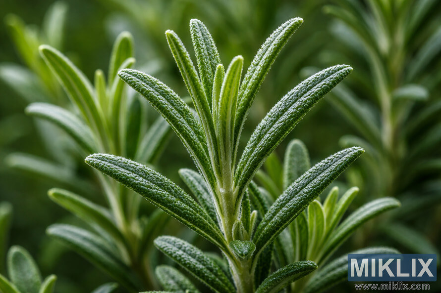 Extreme close-up of fresh rosemary leaves showing fine texture and silvery hairs against a softly blurred green background.