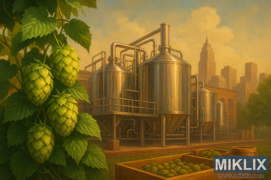 Uma exuberante planta de lÃºpulo Super Pride com cones dourados em primeiro plano, uma cervejaria moderna com tanques de aÃ§o inoxidÃ¡vel no meio e um horizonte da cidade ao fundo sob luz quente e difusa.