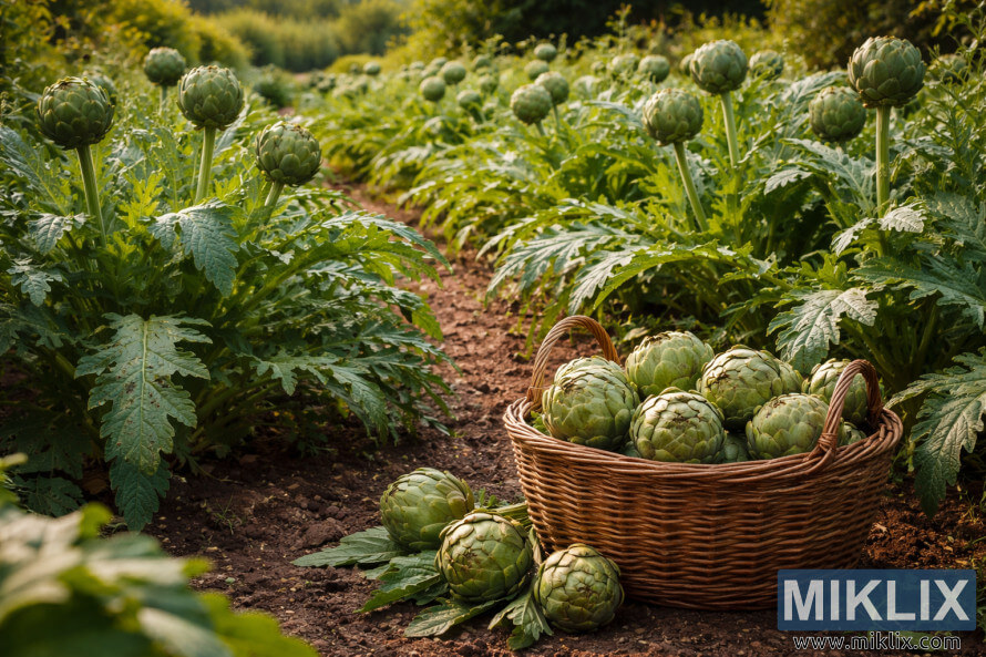Landscape photo of a thriving artichoke garden with mature plants and a wicker basket filled with freshly harvested artichokes on a dirt path.