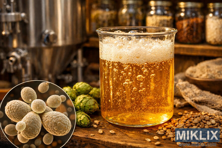 Close-up of a glass beaker filled with bubbling golden ale, with a yeast-cell microscope illustration in the foreground and an artisan brewery backdrop of hops, grains, a fermenter, and jarred ingredients.