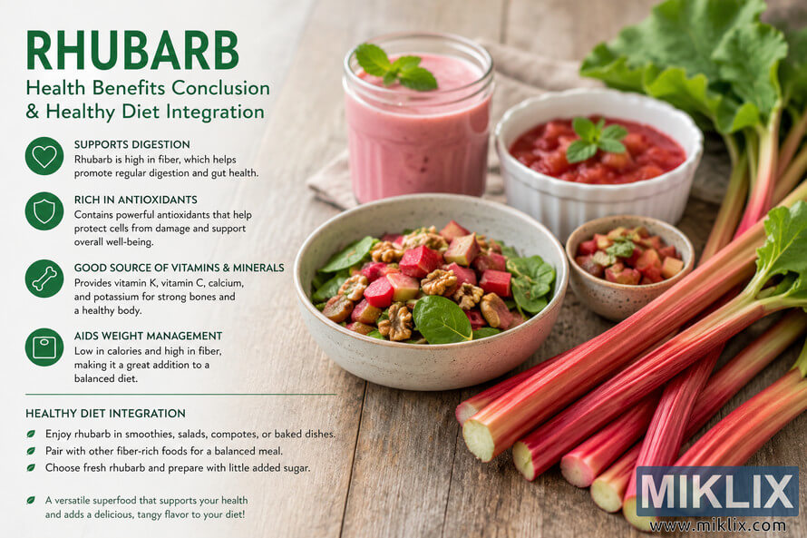 Landscape infographic about rhubarb health benefits and healthy diet integration featuring fresh rhubarb stalks, a smoothie, fruit dishes, and a salad bowl on a rustic wooden table with informational text about digestion, antioxidants, vitamins, and weight management. Landscape infographic about rhubarb health benefits and healthy diet integration featuring fresh rhubarb stalks, a smoothie, fruit dishes, and a salad bowl on a rustic wooden table with informational text about digestion, antioxidants, vitamins, and weight management.