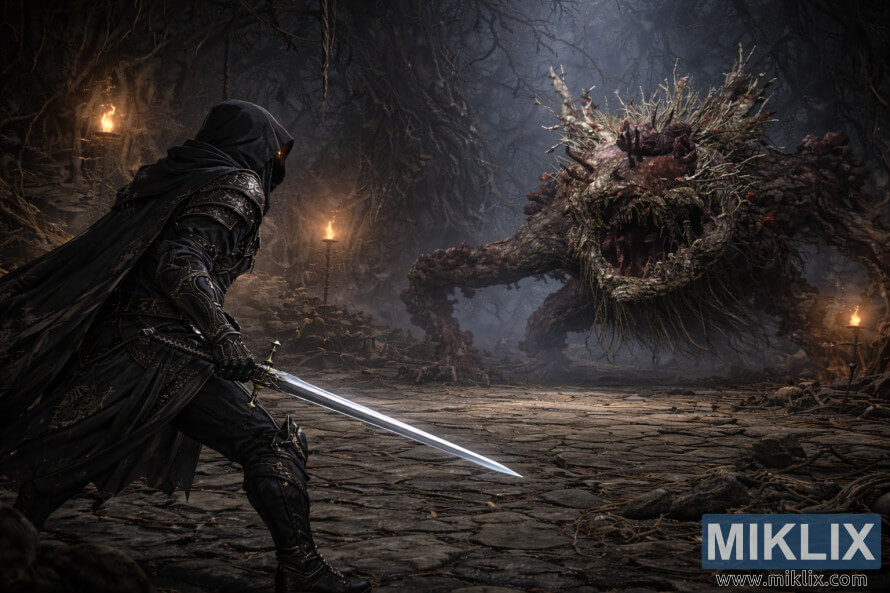 Dark fantasy illustration of the Tarnished seen from behind on the left, sword drawn, facing the Ulcerated Tree Spirit in the shadowed depths of Fringefolk Hero's Grave.