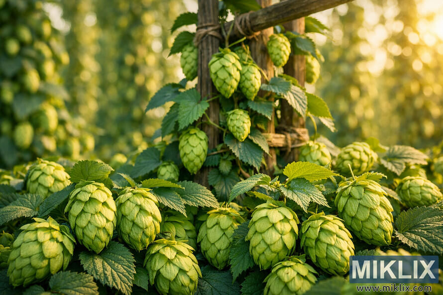 Close-up landscape photo of ripe green Tolhurst hop cones on leafy vines climbing a wooden trellis, with a blurred sunlit hop field in the background.
