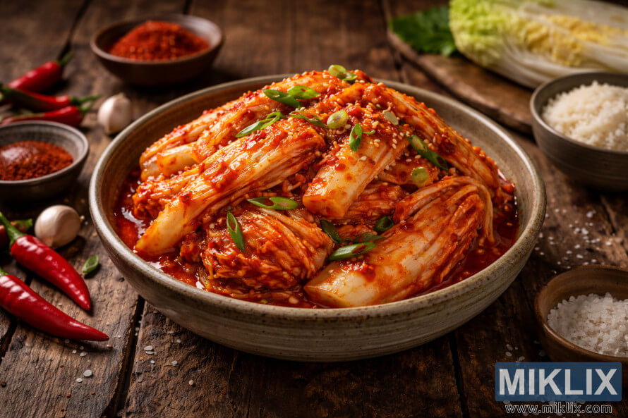 ErksavÃ¤rvilise hiina kapsa kimchiga tÃ¤idetud keraamiline kauss seisab maalÃ¤hedasel puidust laual, mida Ã¼mbritsevad tÅ¡illipiprad, kÃ¼Ã¼slauk, riis ja hiina kapsa lehed.