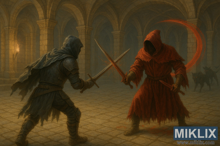 RealistiÅ¡ka Eldeno Å¾iedo stiliaus scena, kurioje ApÅ¡viestieji kovoja su gobtuvu prisidengusiu Kraujo Å¾yniu fakelÅ³ apÅ¡viestose katakombose.