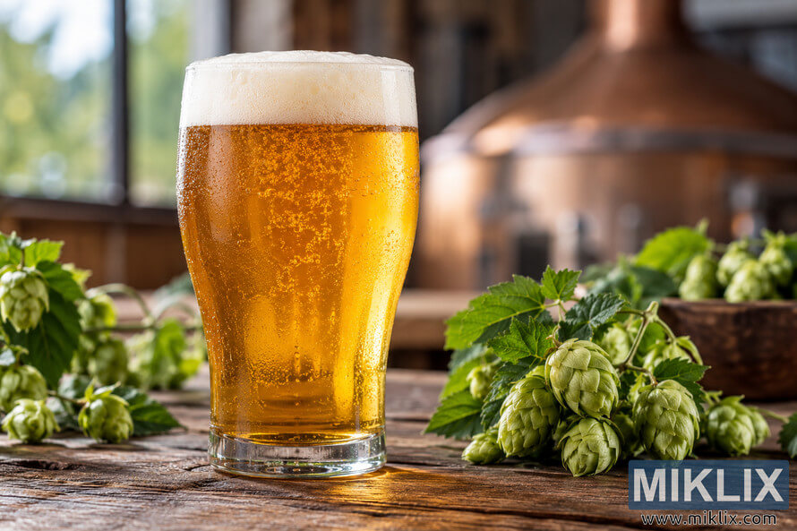 Landscape photo of an unbranded glass of golden IPA with a creamy white foam head and condensation, surrounded by fresh green hop cones on a rustic wooden table in a softly blurred brewery. Landscape photo of an unbranded glass of golden IPA with a creamy white foam head and condensation, surrounded by fresh green hop cones on a rustic wooden table in a softly blurred brewery.