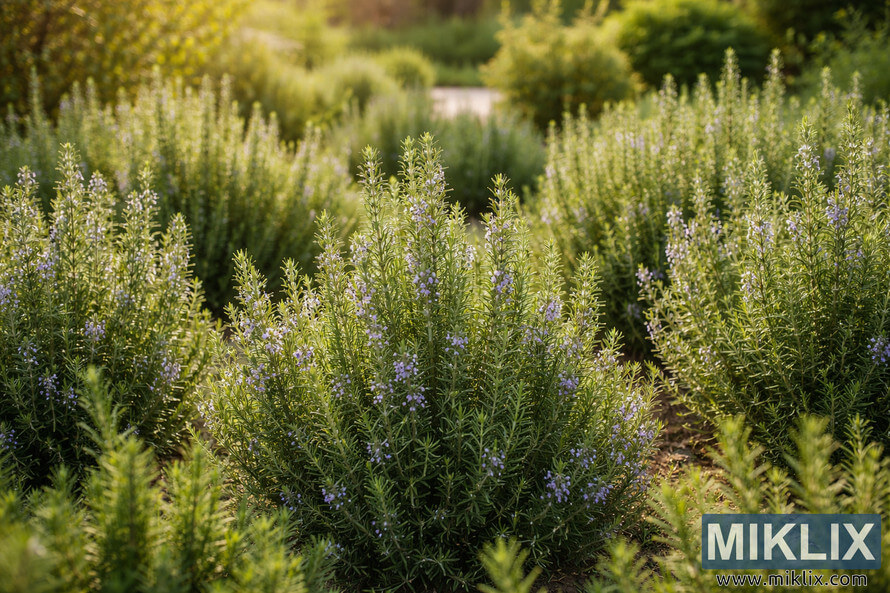 Rows of lush rosemary plants with small lavender flowers growing abundantly in a sunlit garden bed.