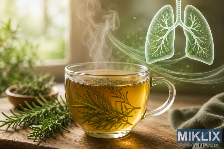 Landscape photo of a steaming glass cup of rosemary tea on a rustic wooden table with fresh rosemary sprigs, while a glowing translucent illustration of human lungs and floating leaf-like particles symbolically represent respiratory wellness in a softly lit natural setting. Landscape photo of a steaming glass cup of rosemary tea on a rustic wooden table with fresh rosemary sprigs, while a glowing translucent illustration of human lungs and floating leaf-like particles symbolically represent respiratory wellness in a softly lit natural setting.