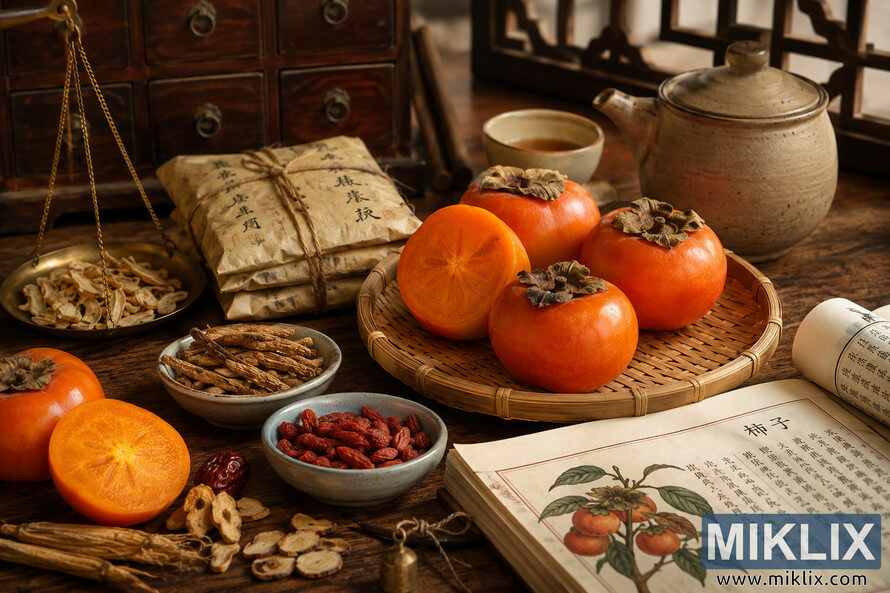 Warmly lit still-life scene featuring ripe persimmons, dried medicinal herbs, ceramic tea ware, handwritten Asian botanical texts, and antique apothecary tools arranged on a rustic wooden table symbolizing traditional East Asian medicine and cultural heritage.