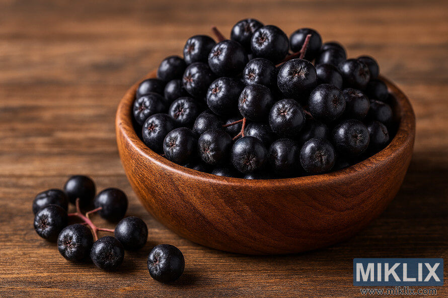 Close-up of ripe dark purple-black aronia berries in a wooden bowl on a rustic wooden surface.