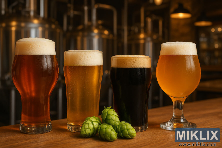 Neli Ãµlleklaasi, mis on tÃ¤idetud merevaigukollase, kuldse, tumeda ja uduse Ãµllega, seisavad puidust laual, millel on vÃ¤rsked humalakÃ¤bid, Ã¤hmase kÃ¤sitÃ¶Ã¶Ãµlletehase tausta taustal.