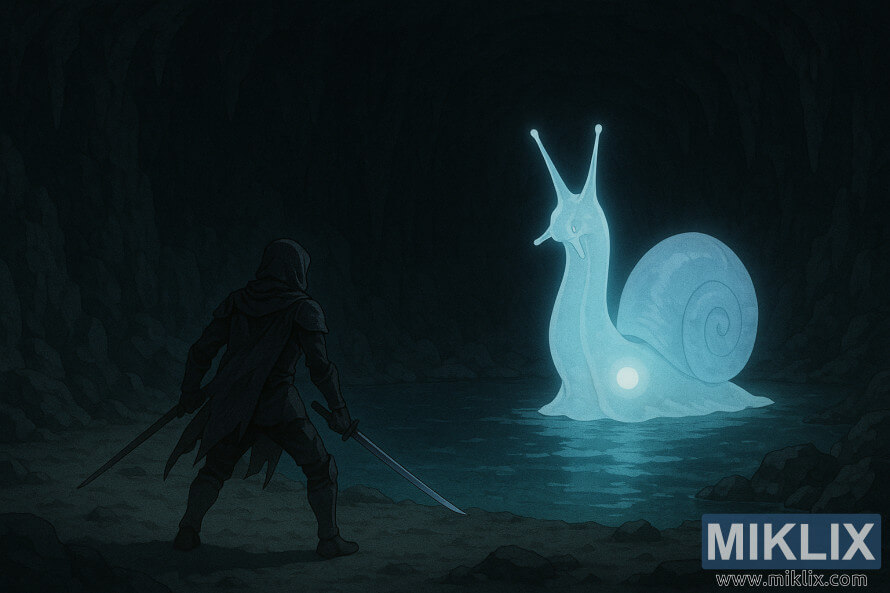 Paisagem ao estilo anime de um guerreiro da Faca Negra a enfrentar o Caracol Invocador de EspÃ­ritos brilhante numa caverna escura.