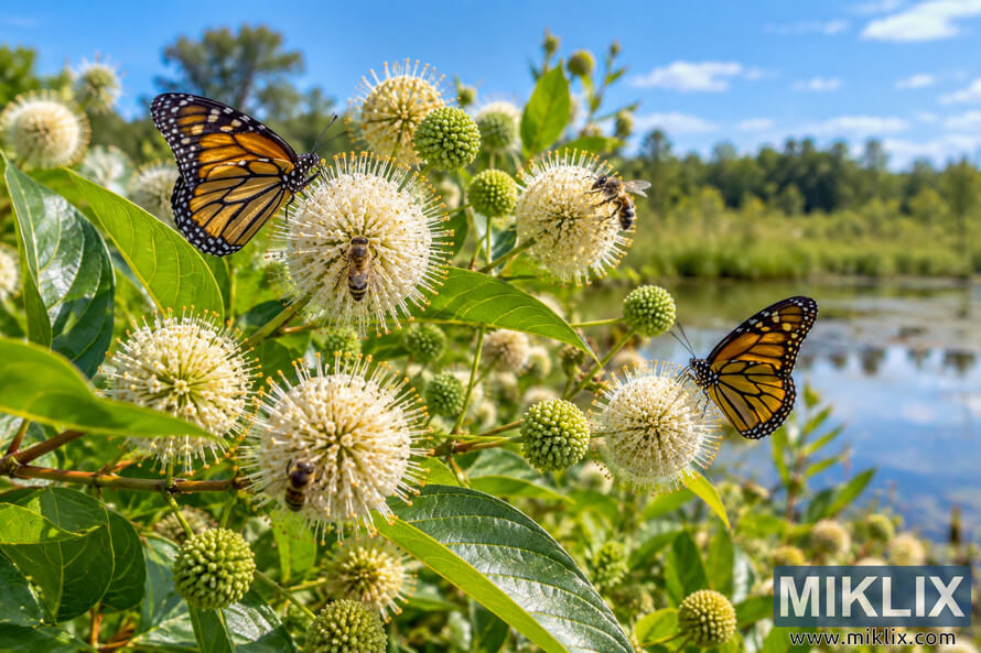 White buttonbush flowers beside a pond attract orange-and-black butterflies and bees on a bright summer day. White buttonbush flowers beside a pond attract orange-and-black butterflies and bees on a bright summer day.