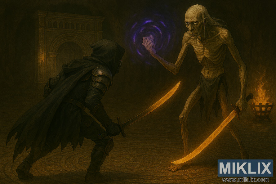 Semi-realistic fantasy illustration of the Tarnished in Black Knife armor facing a towering Onyx Lord in Elden Ring's Sealed Tunnel Semi-realistic fantasy illustration of the Tarnished in Black Knife armor facing a towering Onyx Lord in Elden Ring's Sealed Tunnel