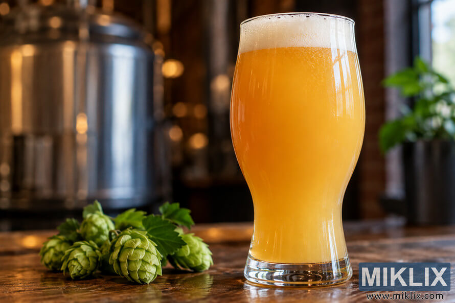 Photorealistic landscape image of an unbranded glass filled with cloudy golden-orange hazy IPA and topped with creamy foam, standing on a rustic wooden bar beside fresh green hop cones, with softly blurred stainless-steel brewing tanks and warm brewery lighting in the background. Photorealistic landscape image of an unbranded glass filled with cloudy golden-orange hazy IPA and topped with creamy foam, standing on a rustic wooden bar beside fresh green hop cones, with softly blurred stainless-steel brewing tanks and warm brewery lighting in the background.