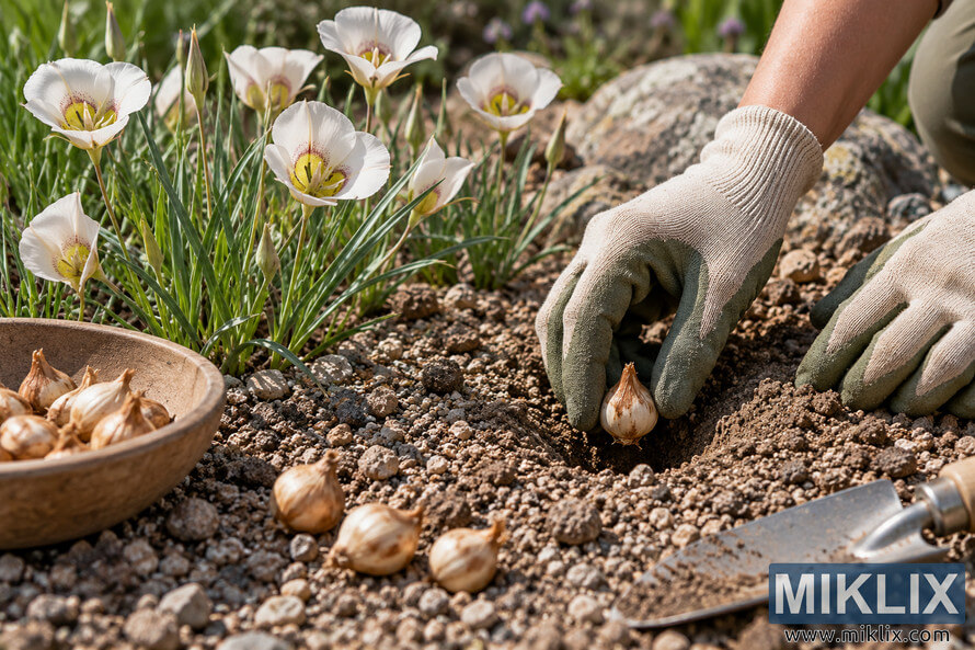 Gloved hands plant a small bulb in gritty, gravel-rich soil beside white cup-shaped flowers, loose bulbs, a brown bowl, rocks, and a metal trowel. Gloved hands plant a small bulb in gritty, gravel-rich soil beside white cup-shaped flowers, loose bulbs, a brown bowl, rocks, and a metal trowel.