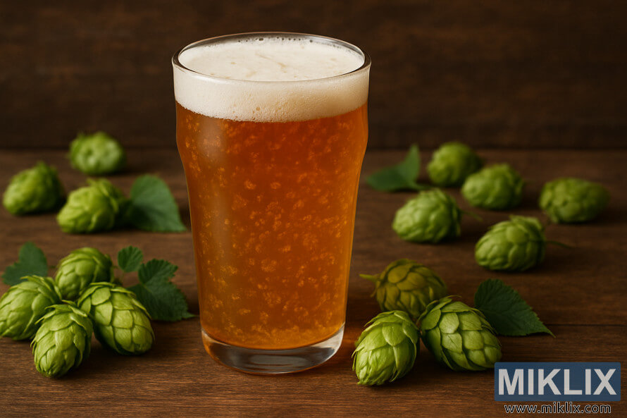 Copo de cerveja clara artesanal dourada e turva, com espuma branca espessa e lÃºpulo verde fresco em madeira rÃºstica.