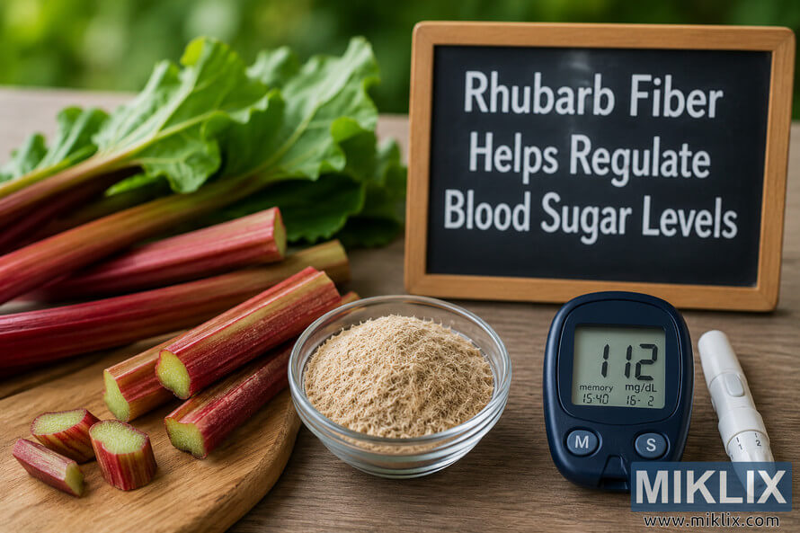 Fresh rhubarb stalks, powdered rhubarb fiber, and a blood glucose meter displayed on a rustic wooden table with a chalkboard sign explaining the role of rhubarb fiber in helping regulate blood sugar levels. Fresh rhubarb stalks, powdered rhubarb fiber, and a blood glucose meter displayed on a rustic wooden table with a chalkboard sign explaining the role of rhubarb fiber in helping regulate blood sugar levels.