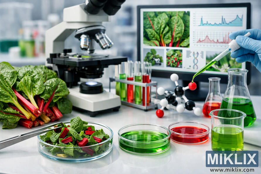 High-resolution laboratory scene showing Swiss chard leaves and stems in Petri dishes, colorful green and red liquid samples, test tubes, flasks, a compound microscope, a molecular model, and a computer monitor displaying Swiss chard analysis data, with a gloved hand using a pipette to dispense green solution into a test tube. High-resolution laboratory scene showing Swiss chard leaves and stems in Petri dishes, colorful green and red liquid samples, test tubes, flasks, a compound microscope, a molecular model, and a computer monitor displaying Swiss chard analysis data, with a gloved hand using a pipette to dispense green solution into a test tube.