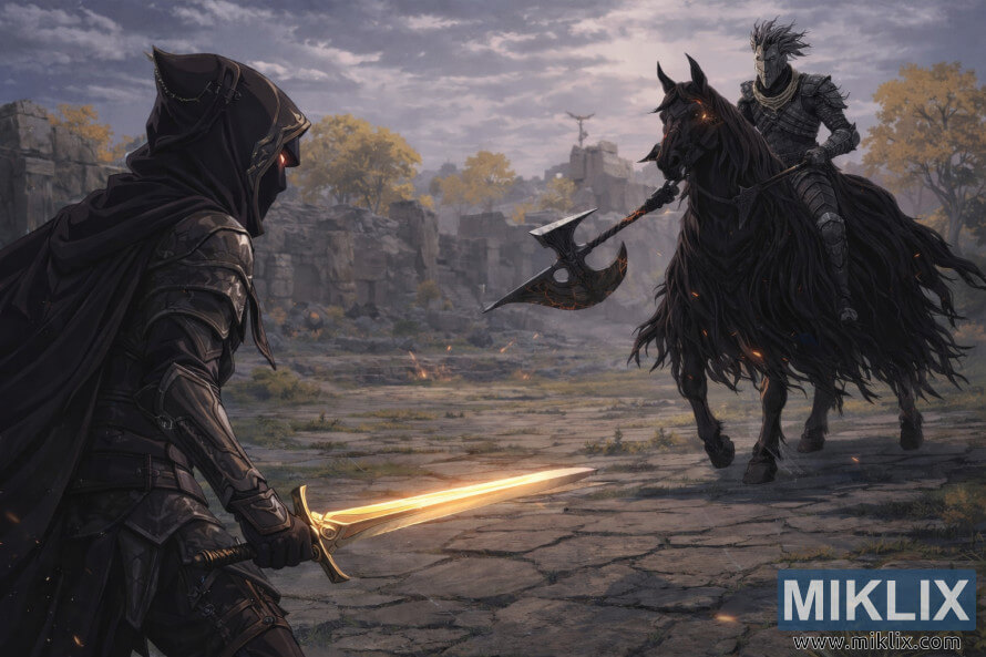 Anime-stil fan art av en hettekledd pansret kriger med et glÃ¸dende gyllent sverd som stÃ¥r overfor en mÃ¸rk ridder montert fÃ¸r kamp i gamle ruiner.