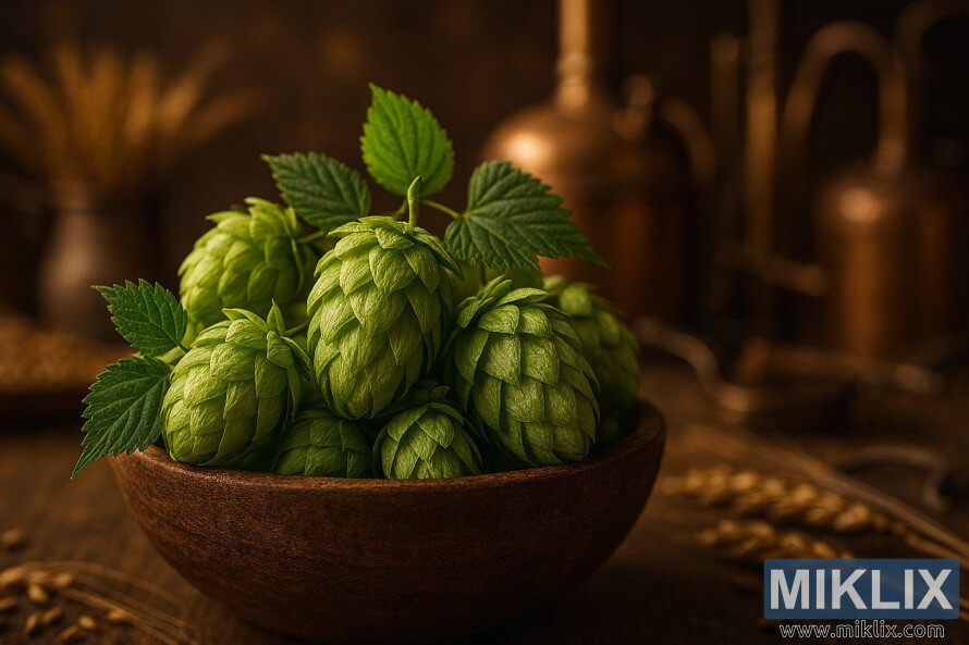 ZbliÅ¼enie na chmiel Summit w rustykalnej misce z rozmytym miedzianym sprzÄtem do warzenia w tle