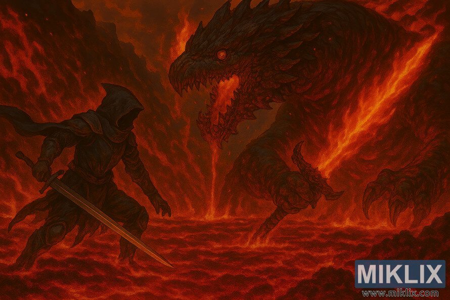 Salon fan na wasan anime na Tarnished in Black Knife sulke yana fafatawa da Magma Wyrm yana riÆe da takobi mai harshen wuta a cikin filin dutse mai cike da dutse kusa da Fort Laiedd.