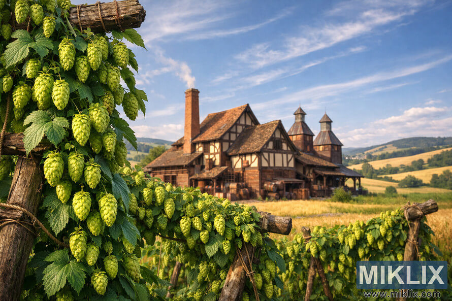 Landscape photograph of lush green hop vines on rustic wooden trellises in the foreground with a traditional timber-framed brewery and rolling grain fields under a warm blue sky.