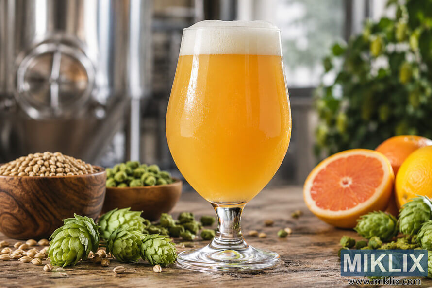 Hazy golden-orange sour IPA in a stemmed glass surrounded by green hops, brewing grain and citrus on a rustic wooden table.