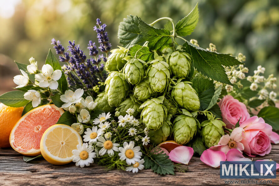 Photorealistic botanical still life of fresh green hop cones surrounded by lavender, white blossoms, daisies, pink roses, grapefruit, lemon, citrus fruit, and lush foliage on rustic wooden planks in warm natural light. Photorealistic botanical still life of fresh green hop cones surrounded by lavender, white blossoms, daisies, pink roses, grapefruit, lemon, citrus fruit, and lush foliage on rustic wooden planks in warm natural light.