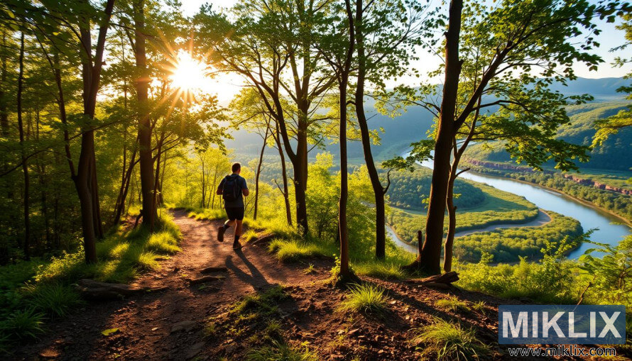 Boots hiker ing dalan alas kanthi sinar srengenge nyaring liwat wit lan kali ing kadohan. Boots hiker ing dalan alas kanthi sinar srengenge nyaring liwat wit lan kali ing kadohan.