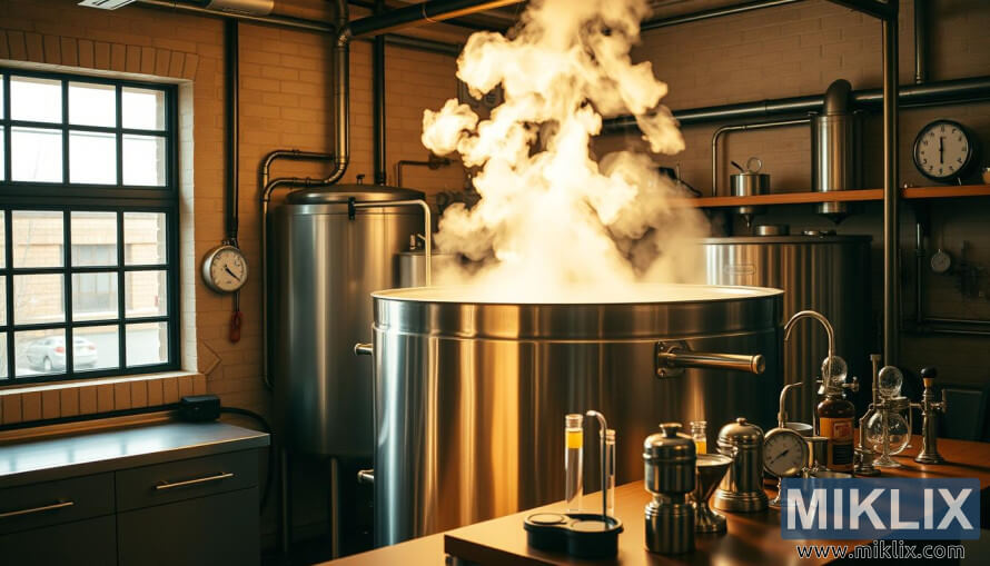 CuvÄ de fierbere din oÈel inoxidabil, aburitoare, Ã®ntr-o bucÄtÄrie industrialÄ, cu unelte de preparare a berii Èi luminÄ aurie caldÄ.