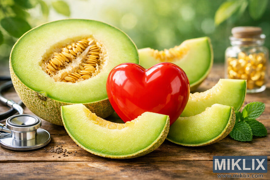 A vibrant photo showing a red heart surrounded by honeydew melon slices on a wooden surface, symbolizing cardiovascular wellness. A vibrant photo showing a red heart surrounded by honeydew melon slices on a wooden surface, symbolizing cardiovascular wellness.