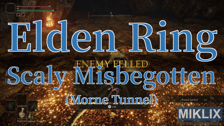 Elden Ring screenshot showing victory over the Scaly Misbegotten in Morne Tunnel.