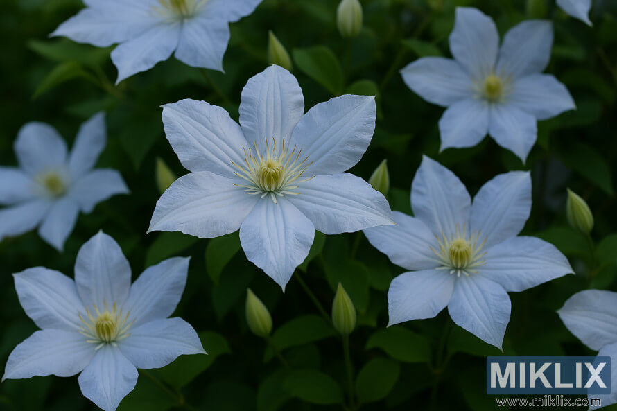 Gros plan dÃ©taillÃ© des fleurs bleu pÃ¢le de clÃ©matite Â« Blue Angel Â» avec des pÃ©tales doux et froissÃ©s et des Ã©tamines jaunes sur un fond vert.