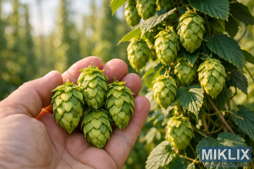 Close-up of a hand holding vibrant green Tardif de Bourgogne hop cones with a sunlit hop field softly blurred in the background.