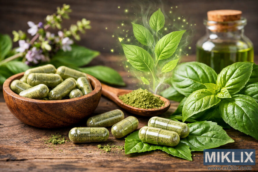 Fresh basil supplement capsules in a wooden bowl with basil leaves, powder, and extract on a rustic wooden surface. Fresh basil supplement capsules in a wooden bowl with basil leaves, powder, and extract on a rustic wooden surface.