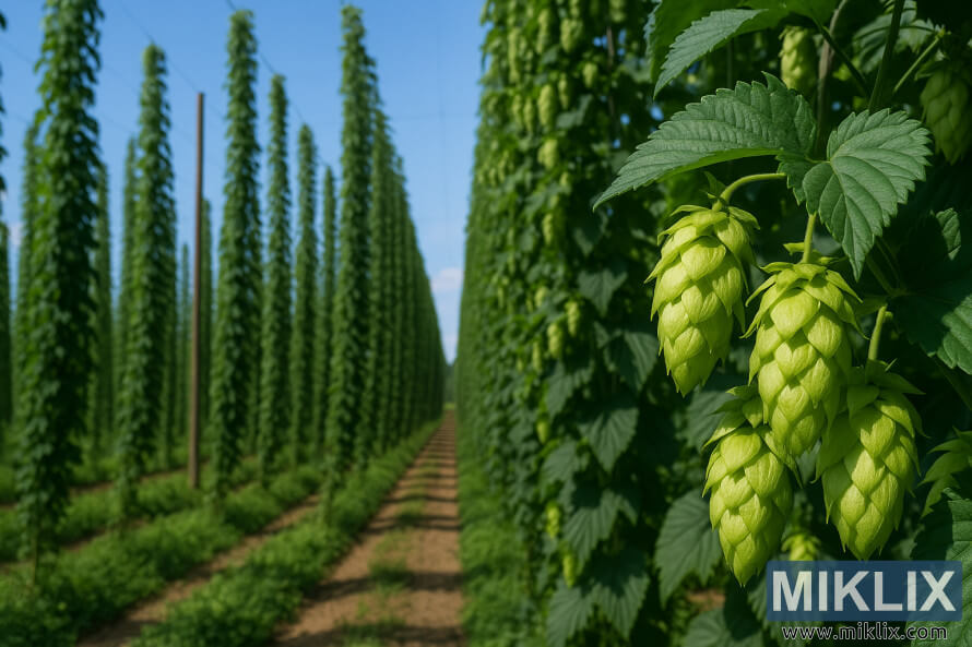 LÃ¤hikuva vihreistÃ¤ Horizon-humalakÃ¤pyistÃ¤, joiden korkeat, kaukaisuuteen ulottuvat sÃ¤leikkÃ¶iset humalarivit.