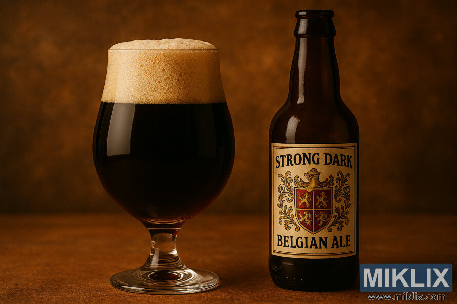 Botol dan gelas tulip Strong Dark Belgian Ale dengan buih yang kaya dan cahaya hangat.