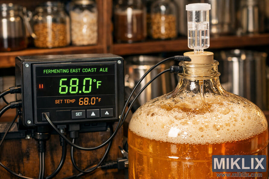 Close-up of a glass carboy fermenting golden East Coast Ale connected to a digital thermostat reading 68Â°F, with bubbling krausen and brewing shelves in the background.