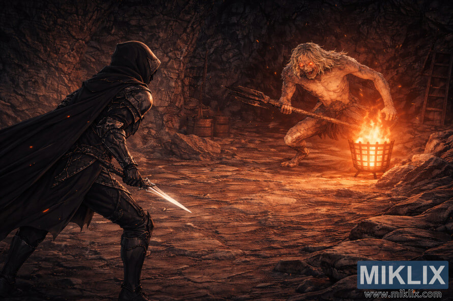 PlaÅ¡s anime stila fanu mÄkslas darbs, kurÄ attÄlots aptraipÄ«ts, bruÅots ar Melno nazi un skatoties no aizmugures, ugunÄ«gÄ alÄ ar paplaÅ¡inÄtu fonu pretÄ« milzÄ«gam zvÄ«Åainam nedzimuÅ¡ajam bÄrnam.