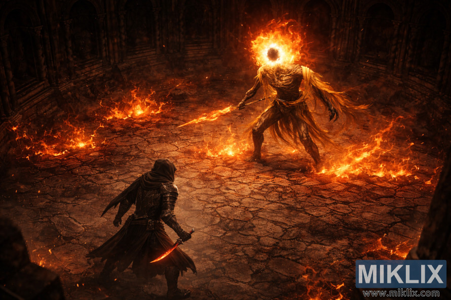 Isometric dark fantasy view of the Tarnished facing Midra, Lord of Frenzied Flame, inside a burning stone arena moments before battle.